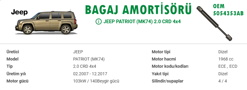 JEEP PATRİOT BAGAJ AMORTİSÖRÜ (MK74)